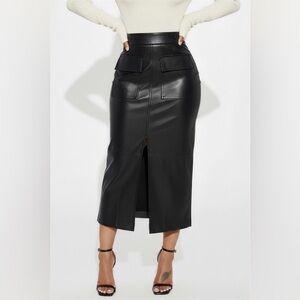 Black Faux Leather Midi Skirt | High Waist Cargo Pocket Slit Pencil Skirt